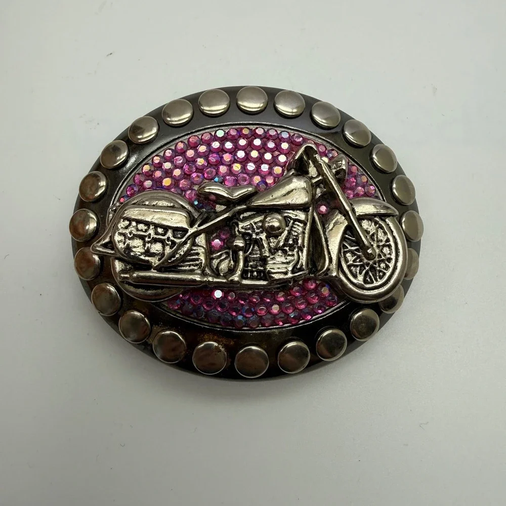 Womens OS Belt Buckle Pink Rhinestone Motorcycle Studded Oval Silver Biker‎ Moto